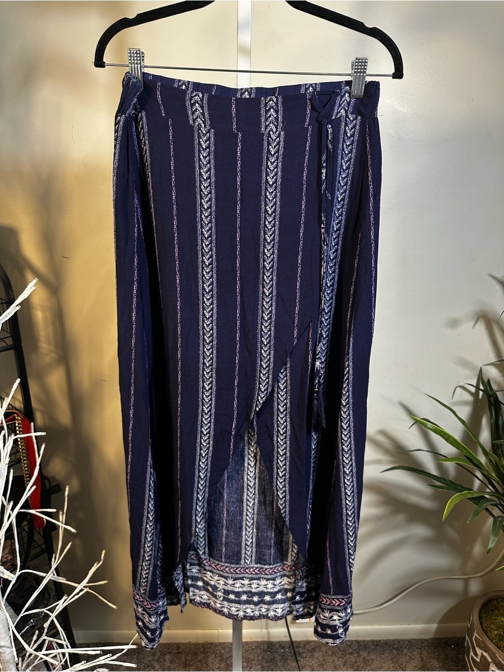 S219. Umgee Navy Blue Boho Striped Asymmetrical Skirt